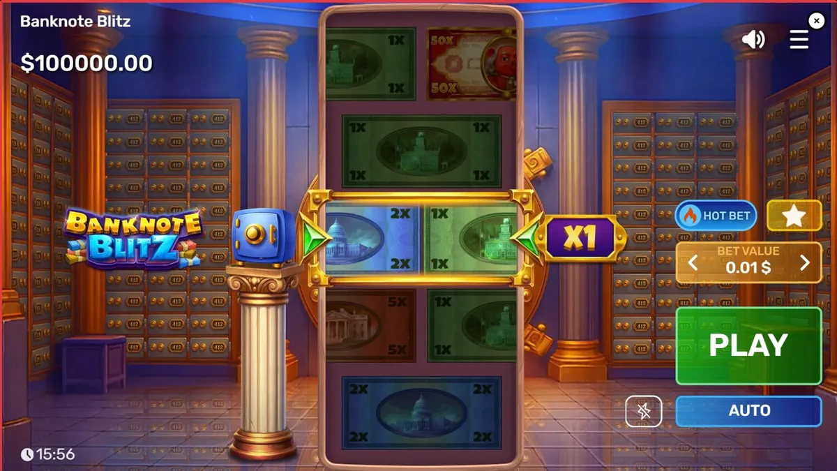 Banknote Blitz slot machine interface na may vault theme