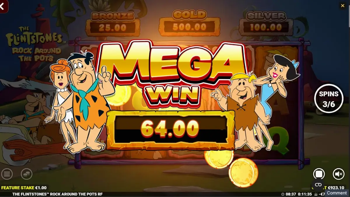 The Flintstones: Rock Around The Pots slot game screen na nagpapakita ng mga karakter at cash symbols