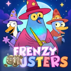 Makulay na grid ng Frenzy Clusters slot na may mga fantasy symbols.